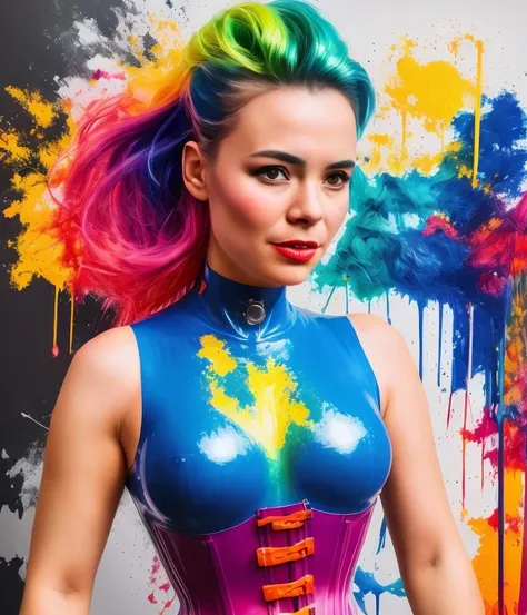 a woman with colorful hair and a corset, artgerm colorful!!!, fully covered in colorful paint, dripping with color, wearing latex, latex outfits, full of colors, colorful photo, super colorful, colorful pigtail, beautiful and colorful, cyberpunk vibrant colors, amouranth as a super villain, extremely colorful, fresh rainbow bodypainting, colorful, rubber and latex houdini algorithmic glitch punk helmet, photorealistic, ue 2 art, sharp focus, intricate, insanely detailed and intricate, young and craig millions, alphonse mucha, android jones, 3 d creature, d wing helmet