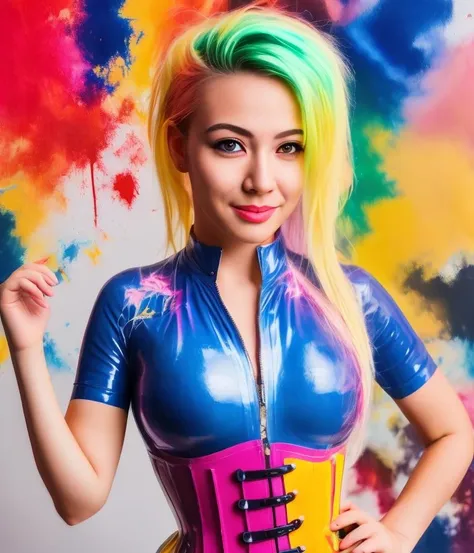 a woman with colorful hair and a corset, artgerm colorful!!!, fully covered in colorful paint, dripping with color, wearing latex, latex outfits, full of colors, colorful photo, super colorful, colorful pigtail, beautiful and colorful, cyberpunk vibrant colors, amouranth as a super villain, extremely colorful, fresh rainbow bodypainting, colorful, rubber and latex,close portrait,(manga:1.3),beautiful,attractive,handsome,trending on ArtStation,DeviantArt contest winner,CGSociety,ultrafine,detailed,studio lighting ante, violettebagbox artist, watercolor medium, white hair, wristband, zeta victoria de l'echeixes, yellow eyes, yu-gi-oh gxr+ +, zeta series, zodiac, zipper, zipper pull tabi, zumiya kancolle, zoom layeruled, zeta ninaijin calendar outfit, zelda: link's awakening dawn fate cosplay anime crossover, zeon the last wishz, zekromatemon, zipper lift animation, no humans, open mouth, pink background, red eyes, short sleeves, solo, teeth, tsuyasuki tsubaki hirokuma zekramato natsu neco-en vocaloid project se