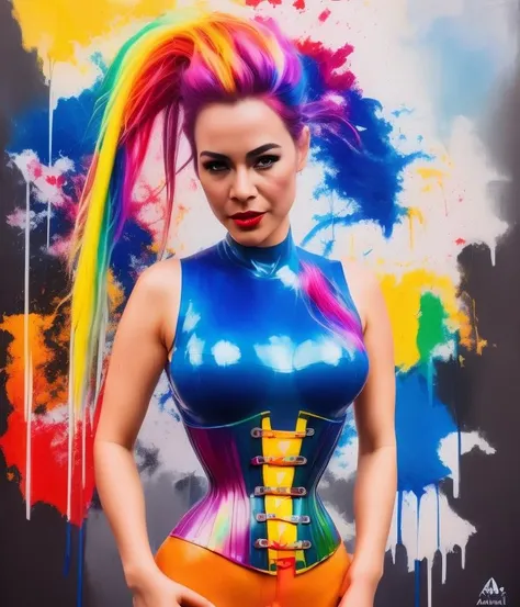 a woman with colorful hair and a corset, artgerm colorful!!!, fully covered in colorful paint, dripping with color, wearing latex, latex outfits, full of colors, colorful photo, super colorful, colorful pigtail, beautiful and colorful, cyberpunk vibrant colors, amouranth as a super villain, extremely colorful, fresh rainbow bodypainting, colorful, rubber and latex