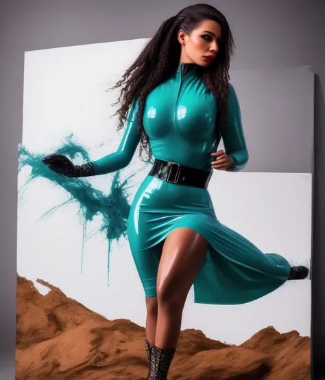 a woman wearing latex, latex outfits, Dimensional Woman, Mountaineer, wearing Tough Chiffon Cyan South Sudanese thobe, Leaning forward, rubber and latex<lyco:di.FFUSION.ai-tXe-FXAA:1.0>