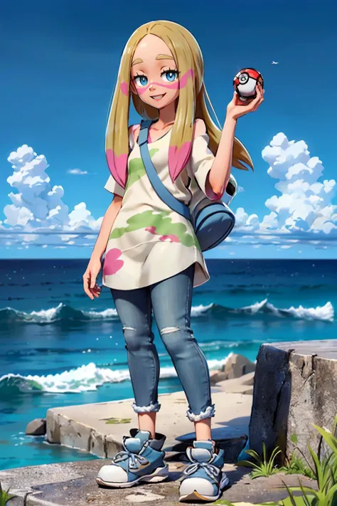 mina, long blonde hair, half-closed eyes, blue eyes, oversized shirt, sidelocks, facepaint, shoulder bagdenim pants, sneakers, looking at viewer, smiling, full body shot, standing, outside, cliff, ocean, holding pokeball, blue sky, high quality, masterpiece, <lora:PKMN_Mina-DEF:.7>