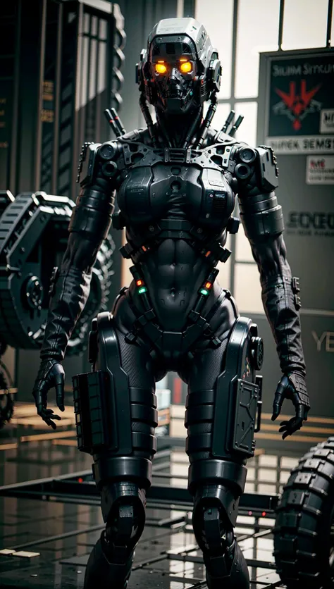 AB_robot,elysium,anatomically perfect (woman:1.2),carbon fiber,tactical, black metal, wiring,glowing eyes,artificial muscle,exposed machinery,LED lights,<lora:GR-NAI-128-64:0.8>