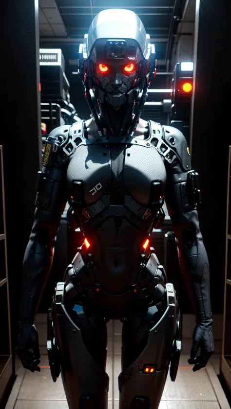 AB_robot,elysium,anatomically perfect (woman:1.2),carbon fiber,tactical, black metal, wiring,glowing eyes,artificial muscle,exposed machinery,LED lights,<lora:GR-NAI-128-64:0.8>