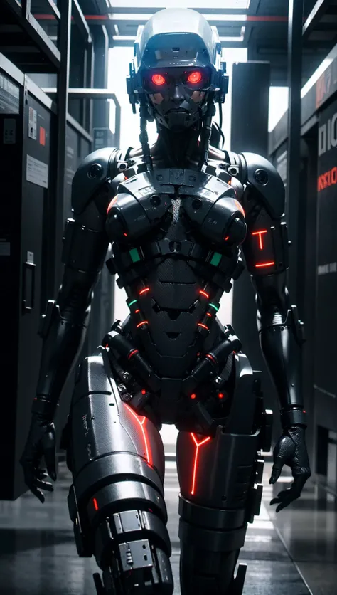 AB_robot,elysium,anatomically perfect (woman:1.2),carbon fiber,tactical, black metal, wiring,glowing eyes,artificial muscle,exposed machinery,LED lights,<lora:GR-NAI-128-64:0.8>
