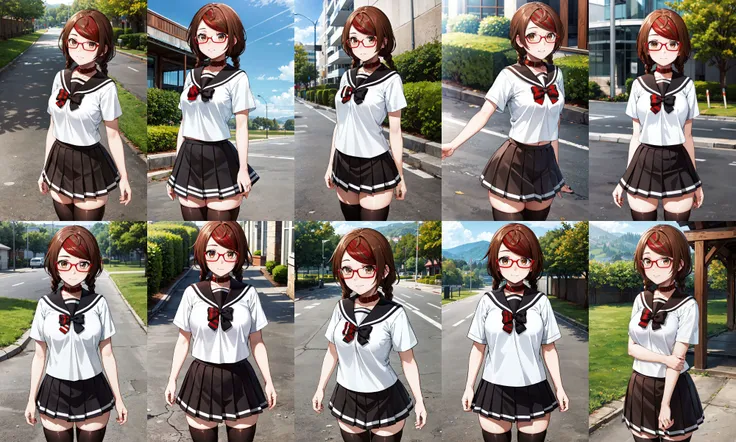 masterpiece, best quality, highres, aamisaki, twin braids, multicolored hair, brown eyes, red-framed eyewear, red collar, serafuku, sailor collar, multicolored bow, sailor shirt, white shirt, short sleeves, pleated skirt, black skirt, black thighhighs, <lora:sakimiya_misaki_v1:0.7>, standing, cowboy shot, outdoors