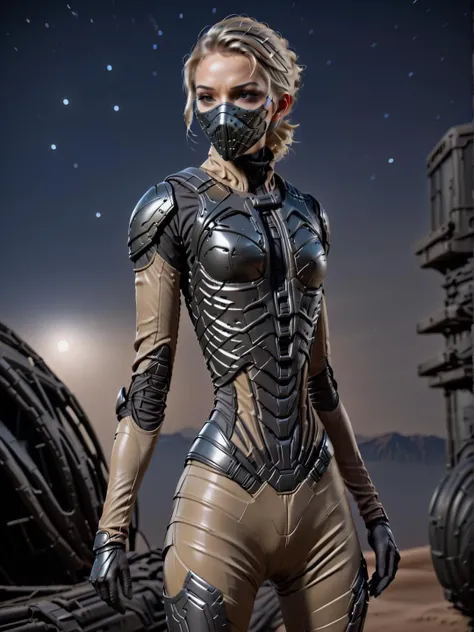 woman, ash blonde updo hairstyle, skinny, wearing a stillsuit, detailed leather armor, stillsuit mask up, dark theme, nighttime, starry sky, [brutaltech] <lora:StillsuitXL_1.3:1> <hypernet:sxzBloom_sxzBloom:.8> <lora:exposure_control_v10:-.35> <lora:toneRangeCompressor_trcvae:0.45> <lora:LowRA:0.6> <lora:BrutalistTech-20:.3> <lora:breastsizeslideroffset:-0.37>