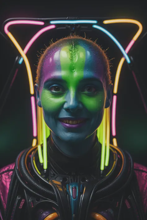 impossibly beautiful portrait of alien shapeshifter entity, insane smile, intricate complexity, surreal horror, inverted neon rainbow drip paint, trending on art station, photoreal, 8 k, octane render by greg rutkowski