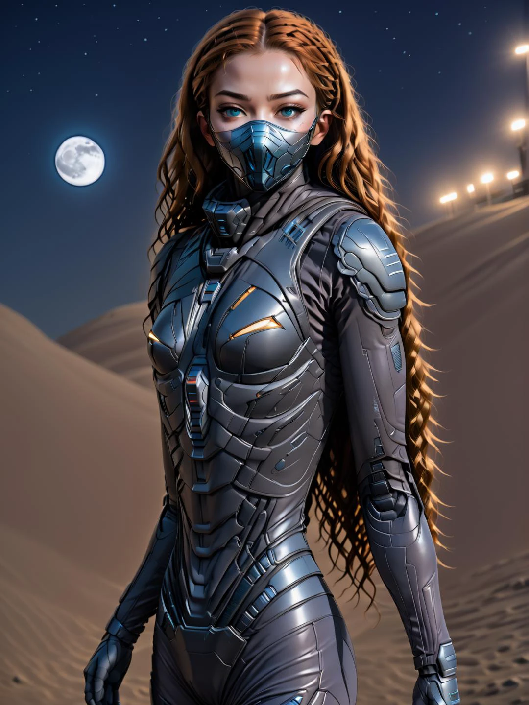 woman, auburn crimped hair \(hair\), burly, glowing eyes, wearing stillsuit, stillsuit mask up, moon, dark theme, nighttime, starry sky, mechapunk, [carthagetech] <lora:StillsuitXL_1.3:1> <hypernet:sxzBloom_sxzBloom:.47> <lora:exposure_control_v10:-.44> <lora:toneRangeCompressor_trcvae:0.53> <lora:LowRA:0.75> <lora:Dark_Shine:0.32> <lora:more_details:.75> <lora:CosmicLandscapes:.68> <lora:CarthageTech:.39> <lora:breastsizeslideroffset:0.6>
