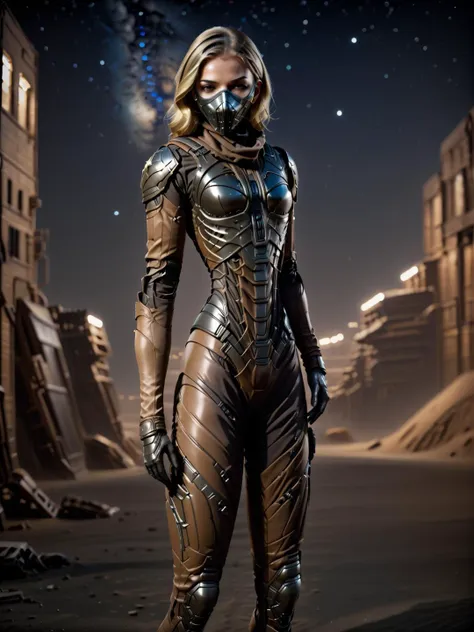 woman, dirty blonde lob, elegant, wearing a stillsuit, detailed leather armor, stillsuit mask up, dark theme, nighttime, starry sky, [brutaltech] <lora:StillsuitXL_1.3:1> <hypernet:sxzBloom_sxzBloom:.8> <lora:exposure_control_v10:-.35> <lora:toneRangeCompressor_trcvae:0.45> <lora:LowRA:0.6> <lora:BrutalistTech-20:.3> <lora:breastsizeslideroffset:-0.37>