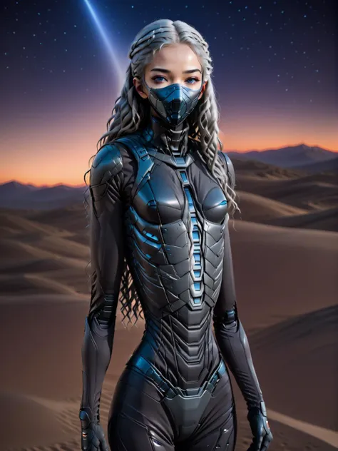 woman, gray crimped hair \(hair\), slender, glowing eyes, wearing stillsuit, stillsuit mask up, autumn, dark theme, nighttime, starry sky, frenchpunk, [carthagetech] <lora:StillsuitXL_1.3:1> <hypernet:sxzBloom_sxzBloom:.47> <lora:exposure_control_v10:-.44> <lora:toneRangeCompressor_trcvae:0.53> <lora:LowRA:0.75> <lora:Dark_Shine:0.32> <lora:more_details:.75> <lora:CosmicLandscapes:.68> <lora:CarthageTech:.39> <lora:breastsizeslideroffset:0.6>