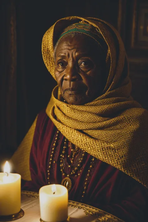 Intricate portrait of a very old African woman with wrinkles, illuminated by warm litted candles, with a backdrop of eerie dungeion . stunning interpretive visual, maximalist scarf and veil. f1.0lens, tilt-shift, shalllow DOF. dramatic lighting. chiaroscuro,