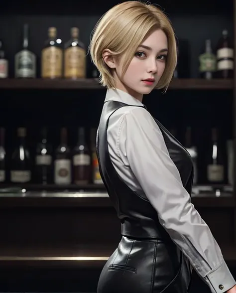 1girl, (cowboy shot:1.3), (wearing black horsehide pants), (hands are outside the image), dark theme, winter lights, (masterpiece), (realistic portrait), (side view of her working scene), looking at viewer, (she is a bartender kingms), blonde short hair, (she is very arrogant), <lora:King:0.7>, <lora:LowRA:0.4>, <lora:adawong:0.2>