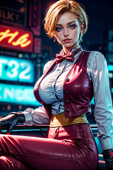 (best quality、high resolution、Ultra-realistic human expression、Delicate skin performance、 4 fingers and 1 thumb、masterpiece:1.2,)、1 girl,Cowboy shooting (((Large Breasts、Low-cut，Cleavage, Wide hips,)))(Long legs), Beautiful Nora_Valkyrie, Looking at the audience, Smile, short hair, blue eyes,heart motif, Gloves,  Jacket, Pink skirt, Pink belt, Short sleeve, Puff sleeves, Single armband, fingerless Gloves, Orange Hair, pink Gloves, Dynamic poses, night, outdoor, City, (Volumetric Lighting), best quality, masterpiece, Intricate details, Tone Mapping, Clear focus, Very detailed, Popular content on ArtStation,