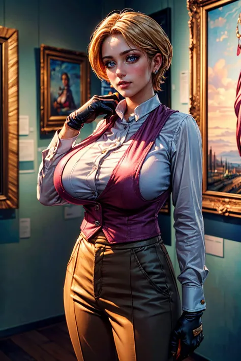 (best quality、high resolution、Ultra-realistic human expression、Delicate skin performance、 4 fingers and 1 thumb、masterpiece:1.2,)、1 girl (((Large Breasts、Low-cut，Cleavage, Wide hips,)))Long legs ,Cowboy shooting, Beautiful Nora_Valkyrie, Looking at the audience, Smile, short hair, blue eyes,heart motif, Gloves,  Jacket, Pink skirt, Pink belt, Short sleeve, Puff sleeves, Single armband, fingerless Gloves, Orange Hair, pink Gloves, Dynamic poses, night, outdoor, City, (Volumetric Lighting), best quality, masterpiece, Intricate details, Tone Mapping, Clear focus, Very detailed, Popular content on ArtStation,