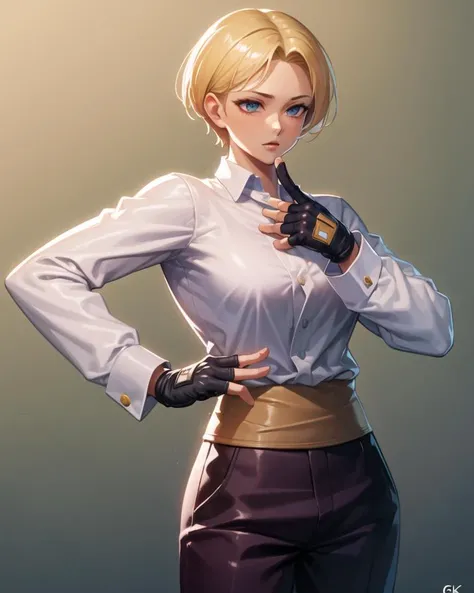 (masterpiece, best quality, high resolution, unity 8k wallpaper, extremely detailed CG:1), (illustration:1.0), kingms, 1girl, solo, gloves, bow, fingerless gloves, pants, shirt, <lora:KingMS:1>