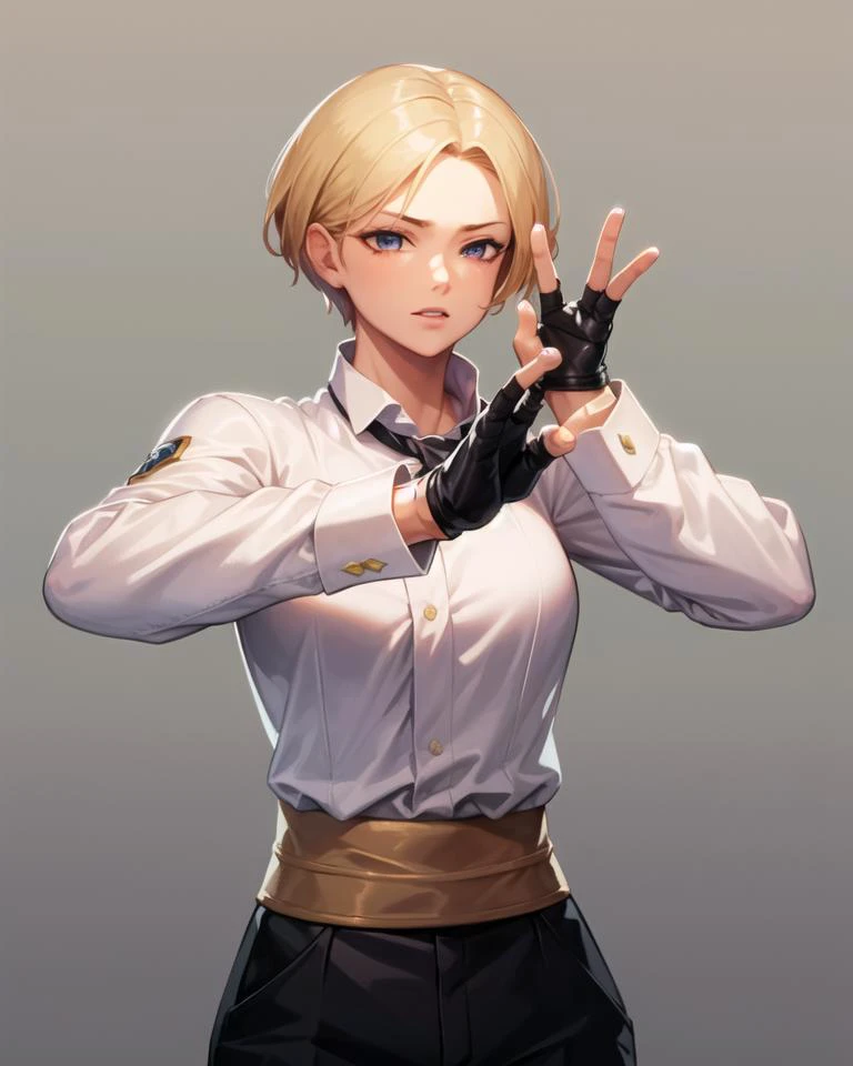 (masterpiece, best quality, high resolution, unity 8k wallpaper, extremely detailed CG:1), (illustration:1.0), kingms, 1girl, solo, gloves, bow, fingerless gloves, pants, shirt, <lora:KingMS:1>