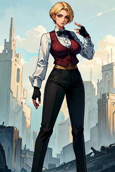 (masterpiece, best quality, ultra detailed)1.5, 1girl, solo, (sexy, beautiful woman, perfect face, perfect eyes, perfect female body)1.5, (kingms, button-up shirt, vest, pants, dress shoes, fingerless gloves, bowtie, short blonde hair, <lora:King:0.75>), (standing in an arena), (large breasts:1.5), perfect lighting, smooth, hdr, 8k resolution