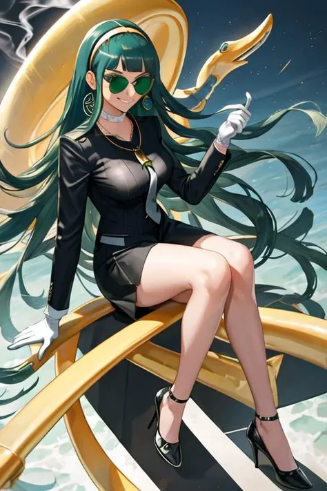 best quality, masterpiece, highres, solo, {black business suit:1.40}, {tie:1.20}, {sunglasses:1.25}, {white gloves:1.15}, {white shirt:1.10}, {black skirt:1.15}, {smoking:1.20}, handsome, {cleopatra_fgo:1.15}, long_hair, hairband, jewelry, green_hair, earrings, bangs, breasts, green_eyes, smile, very_long_hair, hoop_earrings, blunt_bangs, necklace