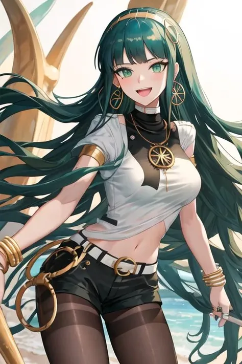 best quality, masterpiece, highres, solo, {cleopatra_fgo:1.15}, long_hair, hairband, jewelry, green_hair, earrings, bangs, breasts, green_eyes, smile, very_long_hair, hoop_earrings, blunt_bangs, necklace, 1girl, ring, shorts, looking_at_viewer, pantyhose, thumb_ring, black_shorts, bracelet, open_mouth, belt, legwear_under_shorts, short_shorts