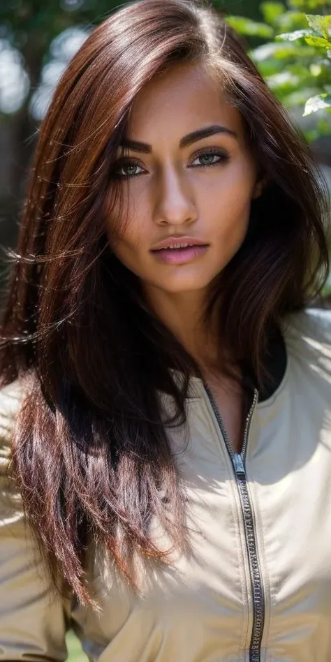 photo of michaela_isizzu,
(portrait close-up:1.4), centered,
(front view:1.4),
posing,
((best quality)), ((masterpiece)), ((hyper-realistic)), (ultra-detailed), photo, high quality,
(masterpiece:1.5), (photorealistic:1.1),(detailed), (intricate), ((highly detailed eyes)), (sharp focus on eyes),
(skin texture:1.2),
(fit and slim body),
medium breast,
covered breast,
bare_shoulders, white t-shirt, wearing a (black bomber-jacket), (collared_shirt), beautiful,
(outdoor:1.4), at the (street:1.4),(sky:1.5),
<lora:michaela_isizzu:0.9>, <lora:add_detail:0.8>, <lora:add_sharpness:0.6>