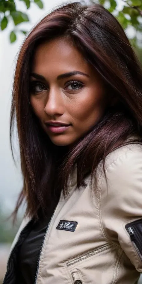 photo of michaela_isizzu,
(portrait close-up:1.4), centered,
(front view:1.4),
posing,
((best quality)), ((masterpiece)), ((hyper-realistic)), (ultra-detailed), photo, high quality,
(masterpiece:1.5), (photorealistic:1.1),(detailed), (intricate), ((highly detailed eyes)), (sharp focus on eyes),
(skin texture:1.2),
(fit and slim body),
medium breast,
covered breast,
bare_shoulders, white t-shirt, wearing a ((black bomber-jacket)), (collared_shirt), beautiful,
(outdoor:1.4), at the (street:1.4),(sky:1.5),
<lora:michaela_isizzu:0.9>, <lora:add_detail:0.8>, <lora:add_sharpness:0.6>
