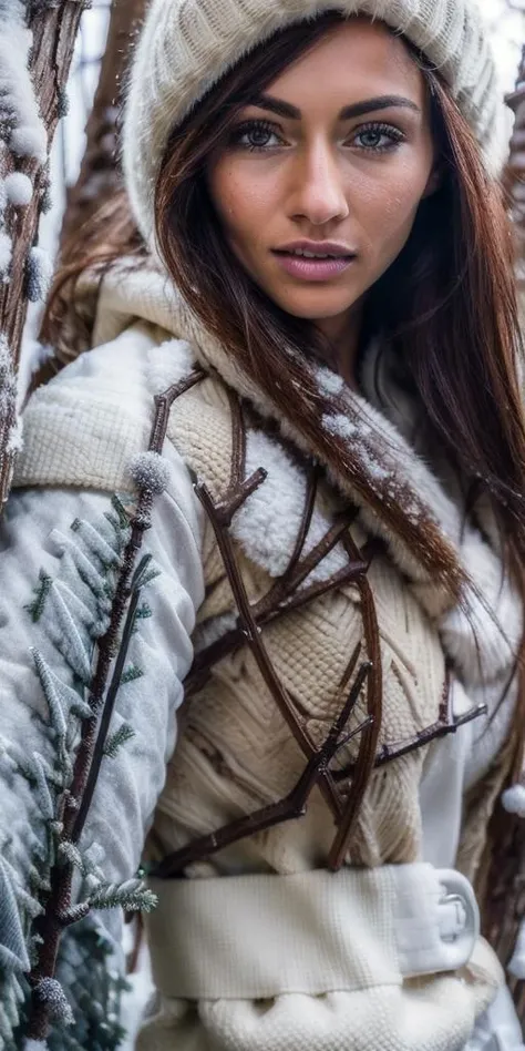 photo of michaela_isizzu,
(portrait close-up:1.4), centered,
((best quality)), ((masterpiece)), ((hyper-realistic)), (ultra-detailed), photo, high quality,
(masterpiece:1.5), (photorealistic:1.1),(detailed), (intricate), ((highly detailed eyes)), (sharp focus on eyes),
slim body,
pale skin,
(skin texture:1.1),
wearing a (white robe) and (jeans),
fur earmuffs,
beautiful,
(outdoor:1.4), at the ruins, (winter_forest:1.8), winter and snow background,
<lora:michaela_isizzu:0.9>, <lora:add_detail:0.4>, <lora:add_sharpness:0.4>