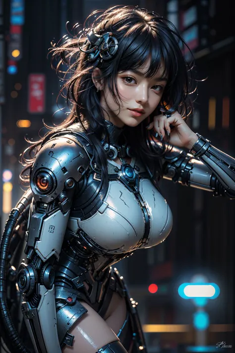 (((1girl))), (perfect beautiful face:1.7), gorgeous, walking, (((cowboy shot))), 18 years old, (((very huge breast))), ((short hair)), (((black hair))), closed_mouth, large eyes, detailed pupils, blue pupil, black cat ears, thin thighs, small hip, long legs, (round face), (wide shoulder), perfect limbs, ((intricate black cyborg body)), (intricate black robot body), mecha, biomechanical, (complex robot:1.2), dark angel, neon lights, futuristic, ((dark background)), spaceship, steampunk, machines, night, artistic, (8k, RAW photo, best quality, masterpiece:1.4), (realistic, photo-realistic:1.4), ultra-detailed, (high detailed skin:1.4), 8k uhd, dslr, high quality, award-winning photography, detailed face, ultra-realistic, fantasy, sharp focus, depth of field, blurred background, RAW photo, film grain, Intricate, extremely detailed CG unity 8k wallpaper, focus on face, symmetry eyes, <lora:GoodHands-vanilla:1.3>, nice hands, perfect hands, (((low angle))), (camera from hip level), (ultra-wide angle), <lora:insanobot:0.6>, <lora:JapaneseDollLikeness_verB:0.8>, pureerosface_v1