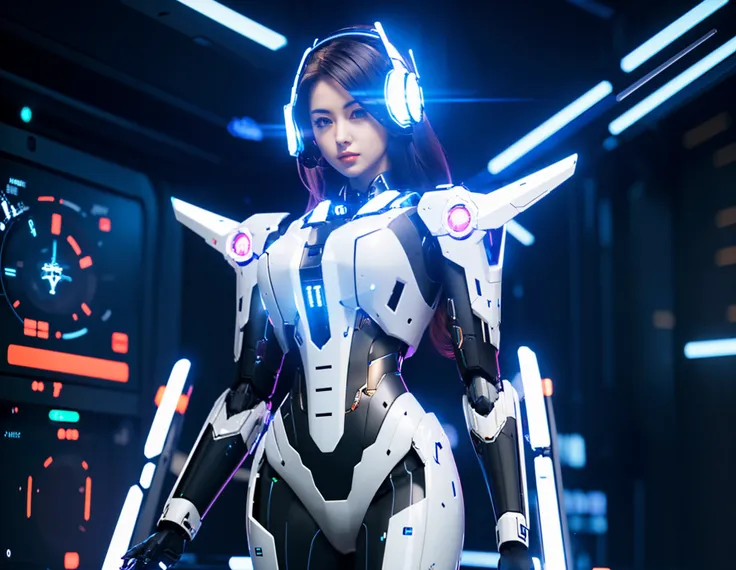 <lora:Mechav2_1.0:0.8>, mecha, sleek, (1girl pilot:1.1) inside a female mech, open cockpit, glowing guns, hud display, neon lines