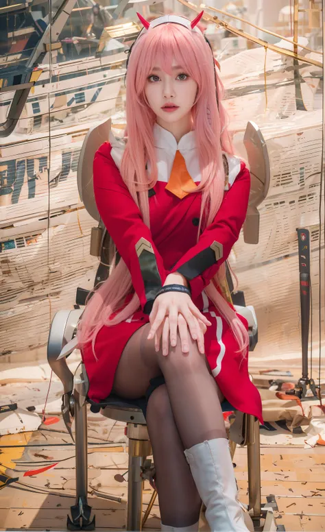 masterpiece grimdark official wallpaper,best quality,
mecha scene,
1girl,zero two (darling in the franxx),solo,pantyhose,horns,long hair,crossed legs,cosplay,sitting,pink hair,looking at viewer,red horns,hairband,boots,white footwear,white hairband,black pantyhose,uniform,chair,<lora:Mechav2_1.0:0.5>,