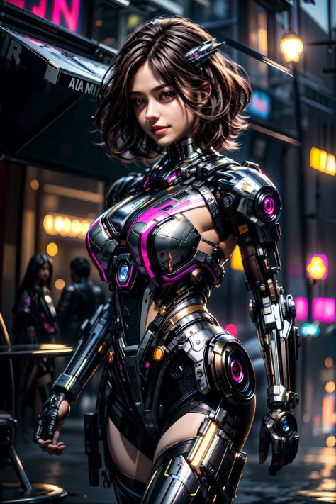 Best quality, masterpiece, ultra high res, raw photo, beautiful and aesthetic,deep shadow, dark theme,(photorealistic:1.4),
(1girl, smile, <lora:Ochaco2:0.6> (short brown hair, hair ornament),black ThighHighs), mecha,full pink armor:1.2, cyborg,
(outdoors cyberpunk city) <lora:Mechav2_1.0_2:1> <lora:MoreDetails:1> <lora:LowRA:0.6>