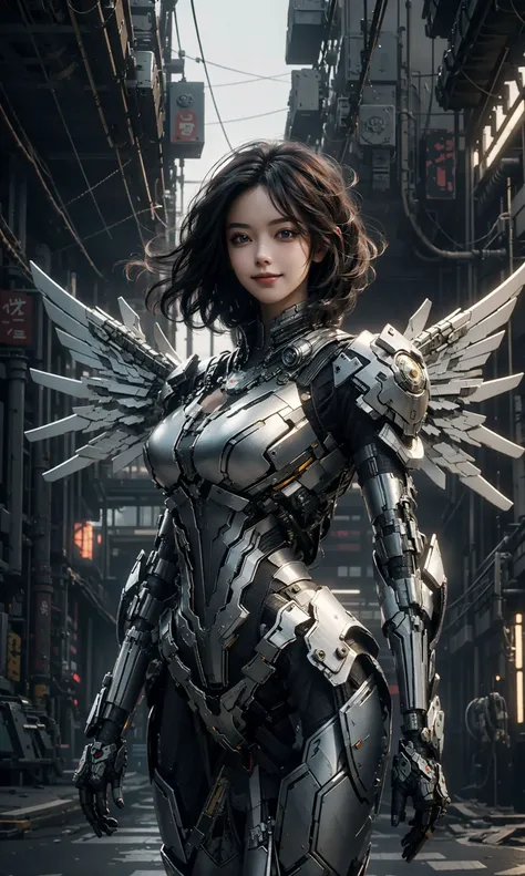 masterpiece,(bestquality),highlydetailed,ultra-detailed,1girl,(mechanicalwings:golden,glowingeyes:blue,silverarmor:1.2,elongatedears:0.8),(cyberpunkcity:1.5,weapon:energyblade),(fantasylandscape:1.2,natural lighting:1.5,confidentexpression),(panorama:1.2),mecha, smile,<lora:机甲少女:0.5>,angle,Angels, wings, <lora:天使V1:0.3>