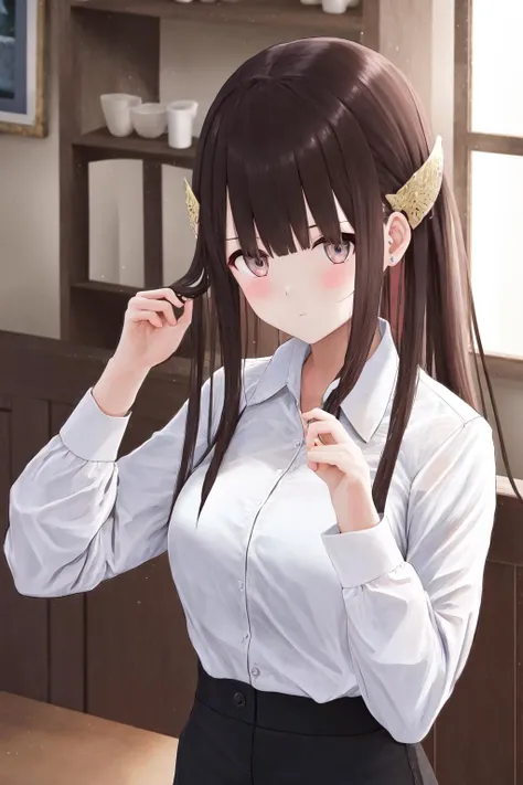masterpiece, highest quality, High resolution, girl,saw 2, blue eyes, black hair, Low twintails and short cut, medium breasts, frown,blush, Sweat,girl1名,Scholars wear long white lab coats, streak,looking at the viewer,Research room,