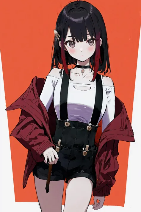 masterpiece, best quality, highres, 1girl hair ornament, white shirt off shoulder suspenders black shorts black choker long sleeves jacket <lora:rouge:1>