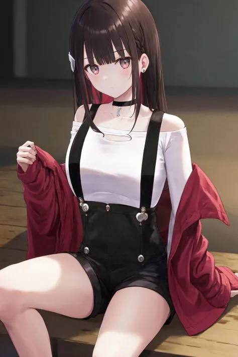 masterpiece, best quality, highres, 1girl hair ornament, white shirt off shoulder suspenders black shorts black choker long sleeves jacket <lora:rouge:1> sitting
