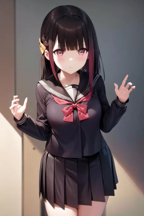 masterpiece, best quality, highres, 1girl hair ornament <lora:rouge_no_outfit:1> serafuku, pleated skirt, school uniform