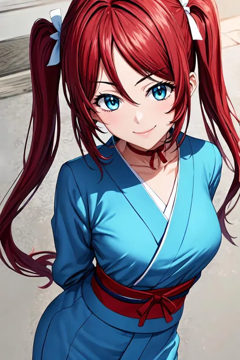 (masterpiece, best quality:1.2), highres, 1girl, solo, smile, 
Mao_Kimihoshi_V1, red hair, long hair, twintails, ahoge, blue eyes, hair ribbon, (one-piece tan:1.1), red choker,
japanese clothes, blue kimono, sash, long sleeves, collarbone, 
standing, leaning forward, arms behind back, 
looking at viewer, from above, head tilt, 
<lora:add_detail_CyberAlchemist:0.4>, <lora:GoodHands-beta2:0.8>, <lora:MaoKimihoshiV1-000010:0.85>