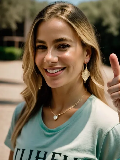 Realistic photo of a beautiful s0f14v-v2 woman, 1girl, solo, long hair, looking at viewer, smile, (((blonde hair))), shirt, brown eyes, jewelry, upper body, earrings, teeth, grin, blurry, english text, lips, black shirt, pointing, forehead, realistic, middle finger, soft lighting, professional Photography, Photorealistic, detailed, RAW, analog, sharp focus, 8k, HD, DSLR, high quality, Fujifilm XT3, film grain, masterpiece<lora:s0f14v-v2:1.0>