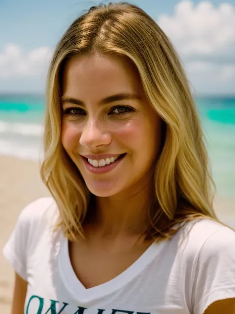 Camille Durand, 1girl, solo, realistic, photorealistic, high quality picture, 8k, high resolution, detailed quality, film grain, natural photo, ultrarealistic, (((25-years-old))), ((detailed wrinkles in her face)), (((Seychelles woman))), (Background: parks with warm setting), (blonde Short hair)), Light smile, blue crocheted dress, upper body and upper legs