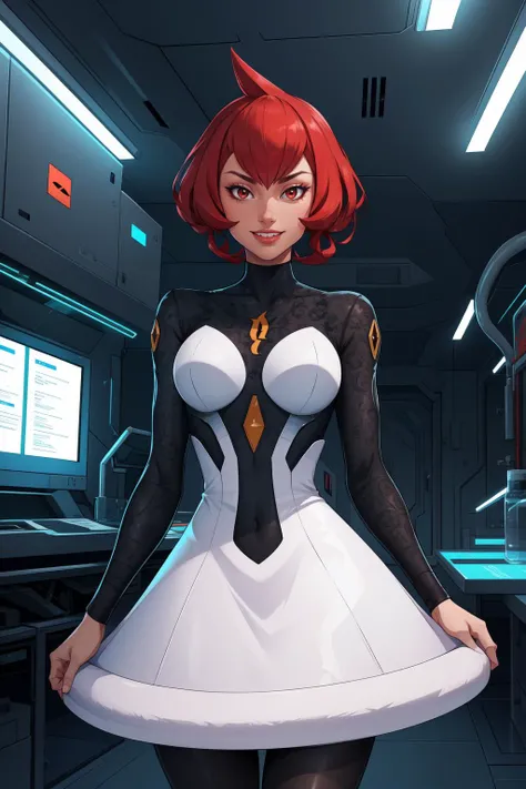 (masterpiece, best quality, absurdres, 4k, aesthetic, detailed, intricate, perfect lighting),inside futuristic lab,technology,science fiction,evil smile,teeth,1girl, pkmnmars,black and white dress, long sleeves, black pantyhose, <lora:pkmnmars-nvwls-v1:0.8>