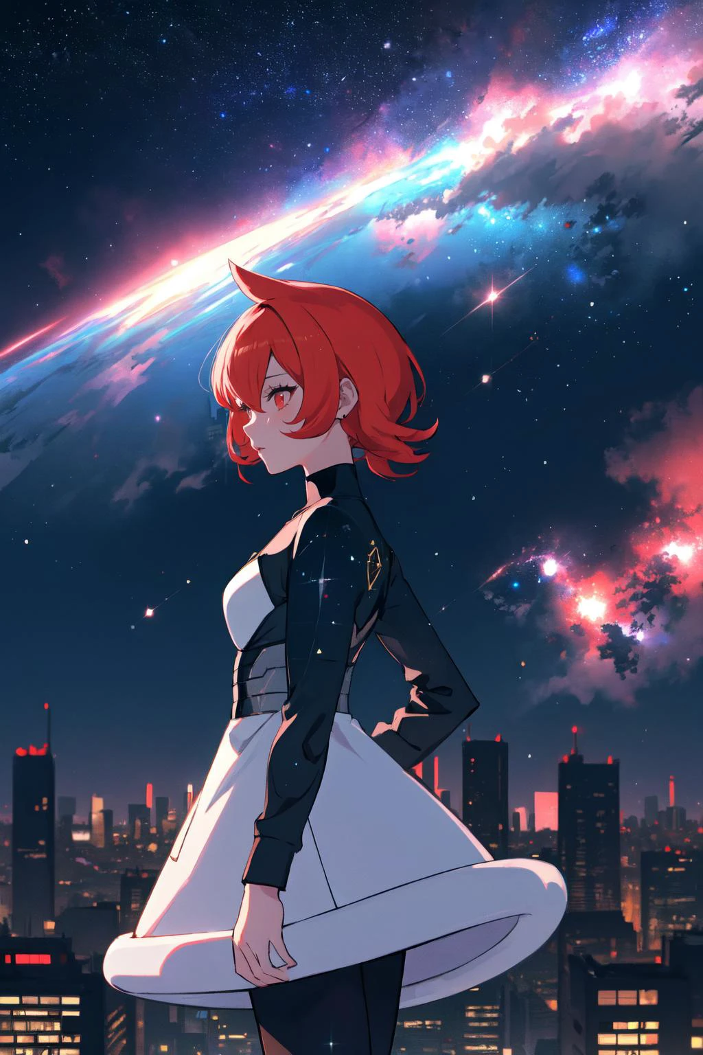 (high quality, best quality, 4k, 2k, (intricate:1.1), (high detail:1.3)), ((outdoors, cityscape, skyline)), (official wallpaper, volumetric lighting, dynamic lighting), (stars, galaxy, nebula),
1girl, solo, pkmnMars, black and white dress, long sleeves, black pantyhose,
from side,
<lora:pkmnmars-nvwls-v1:1>