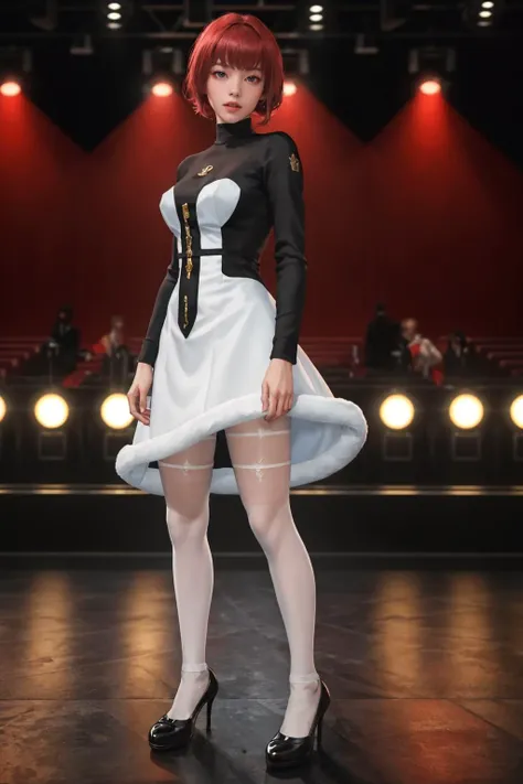 highres,absurdres,masterpiece,best quality,original,extremely detailed CG,extremely detailed wallpaper,perfect lighting,looking at viewer,bare hands,standing on stage,1girl,blurry background,
<lora:pkmnmars-nvwls-v1:0.7>, pkmnMars,black and white dress,long sleeves,black pantyhose,