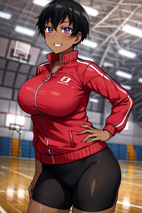 masterpiece, best quality, detailed eyes, detailed face, <lora:HUCharlotte:0.5>, HUCharlotte, dark skin, large breasts, short hair, black hair, purple eyes, track jacket, bike shorts, gym, bleachers, basketball court, standing, hand on hip, indoors, curvy, smile,