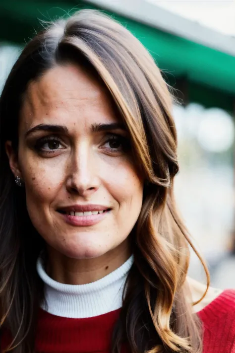 rsb piercing eyes, looking straight, very happy,long hair, wearing an off-shoulder sweater, choker, closeup portrait, in a outdoor cafe in 2015, afternoon light, <lyco:RoseB-RealVision-V1.0:1.0>