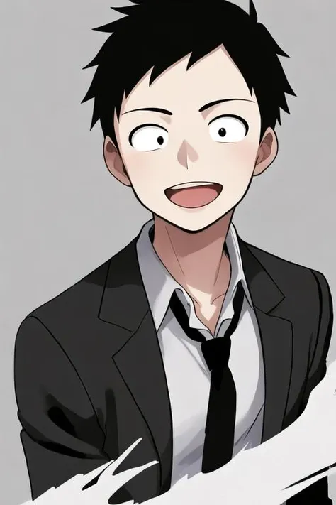 <lora:adultNishikata:0.7> masterpiece, best quality, solo, short hair, black hair, 1boy, solo, black eyes, sanpaku, dot pupils, smile, open mouth, open mouth, collared shirt, black jacket, black suit, necktie, upper body, simple background,