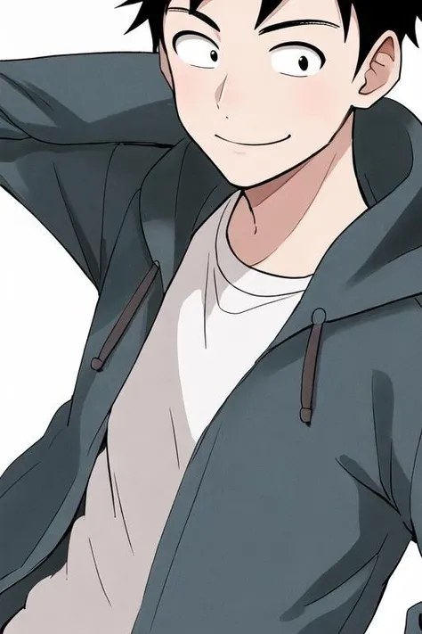 <lora:adultNishikata:0.7> masterpiece, best quality, solo, short hair, simple background, shirt, black hair, 1boy, sanpaku, dot pupils, smile, white background, closed mouth, white shirt, upper body, male focus, blue hoodie, black eyes, hood down,
