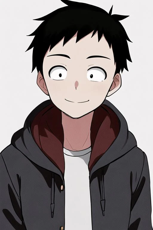 <lora:adultNishikata:0.7> masterpiece, best quality, solo, short hair, simple background, shirt, black hair, 1boy, sanpaku, dot pupils, smile, white background, closed mouth, jacket, white shirt, upper body, male focus, hood, black eyes, hood down, looking at viewer,