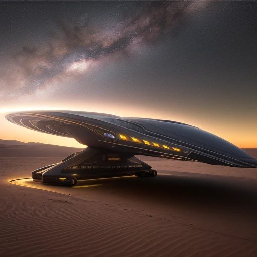 hyper realistic art, long cyberpunk starship landing in the desert, photorealistic, full resolution, insane detailed,  professional photo, night milky way