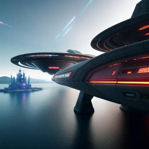 fantasy art, cyberpunk starship landing over a lake, photorealistic, full resolution, insane detailed, professional photo