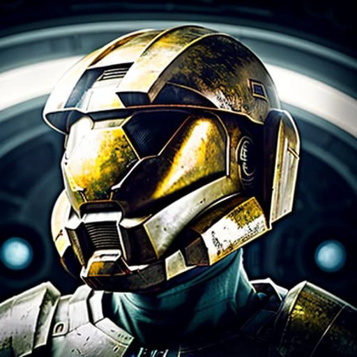 man with halo armor, in a space base,lightly rusty halo armor, professional photo, milky way
