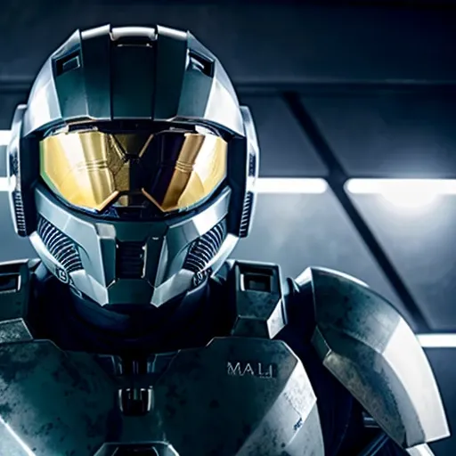 man with halo armor, in a space base,lightly rusty halo armor, professional photo, milky way
